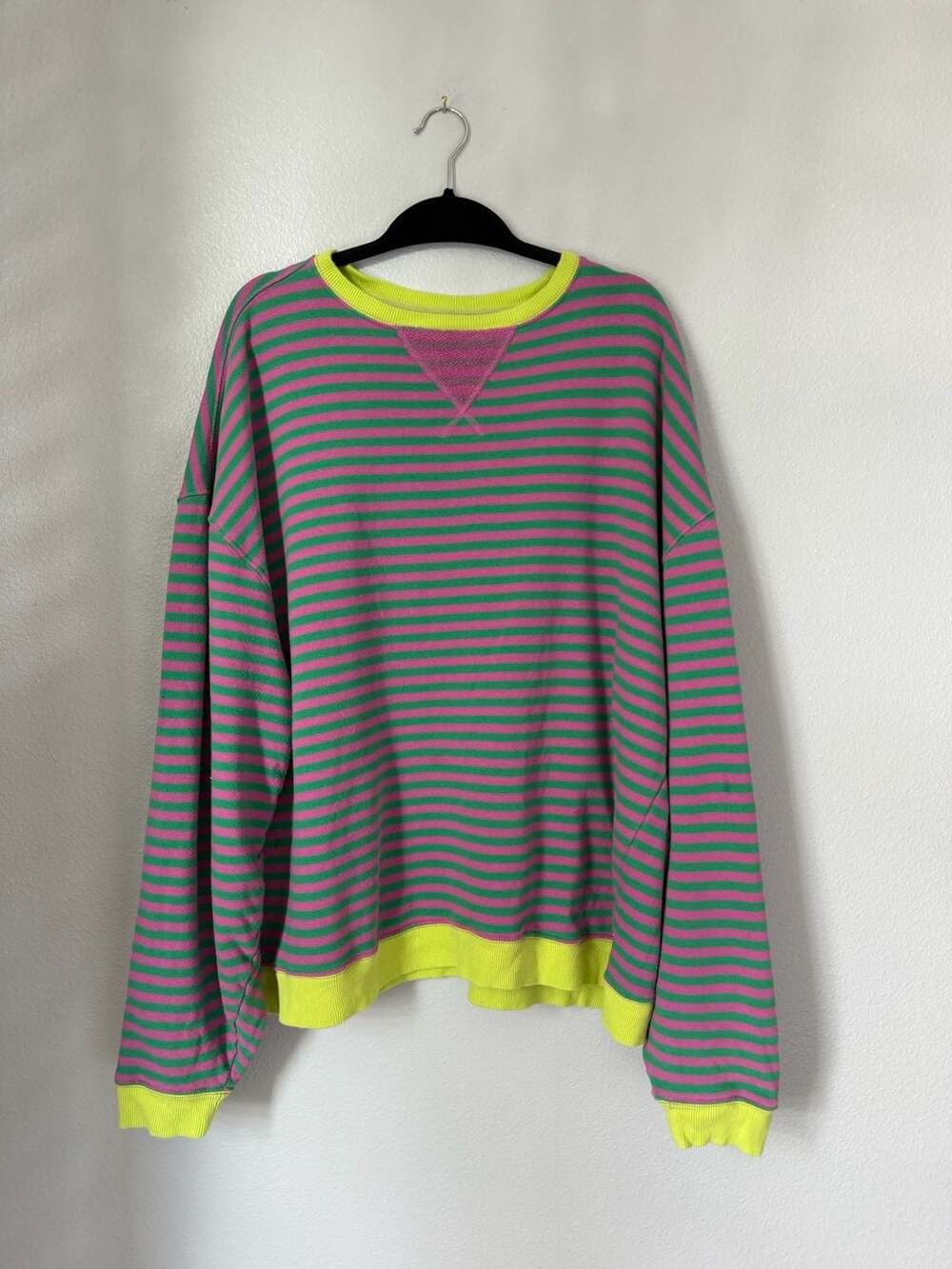 We The Free Classic Striped Crewneck Sweater Size X-Large Pink Green Neon Yellow